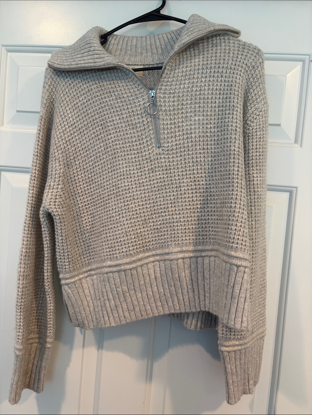 Waffle-Knit Half-Zip Sweater in Light Gray